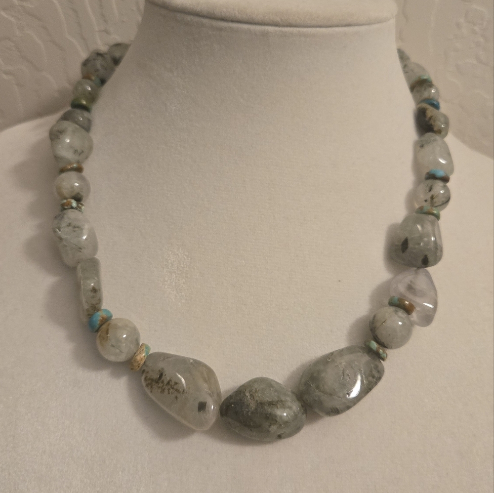 JAY KING Sterling Silver Prehnite and Turquoise Graduated Beaded Necklace
